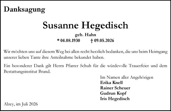 Traueranzeige von Susanne Hegedisch von Allgemeine Zeitung Alzey