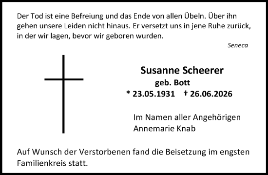 Traueranzeige von Susanne Scheerer von Allgemeine Zeitung Mainz