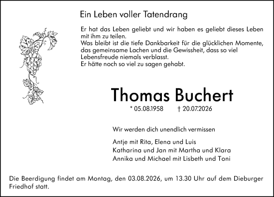 Traueranzeige von Thomas Buchert von Dieburger Anzeiger/Groß-Zimmerner Lokal-Anzeiger