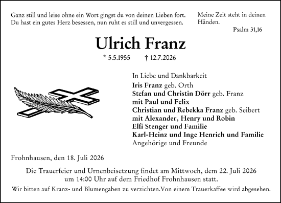 Traueranzeige von Ulrich Franz von Dill Block