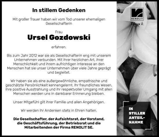 Traueranzeige von Ursel Gozdowski von Wormser Zeitung