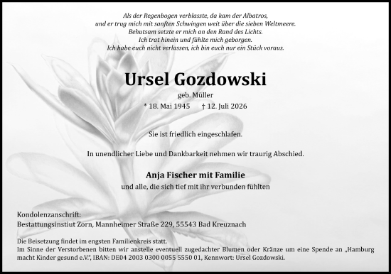 Traueranzeige von Ursel Gozdowski von Allgemeine Zeitung Rheinhessen-Nahe