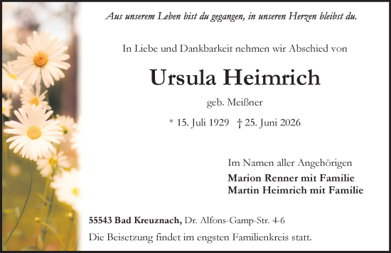 Traueranzeige von Ursula Heimrich von Allgemeine Zeitung Rheinhessen-Nahe