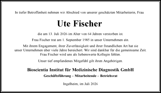 Traueranzeige von Ute Fischer von Allgemeine Zeitung Rheinhessen-Nahe
