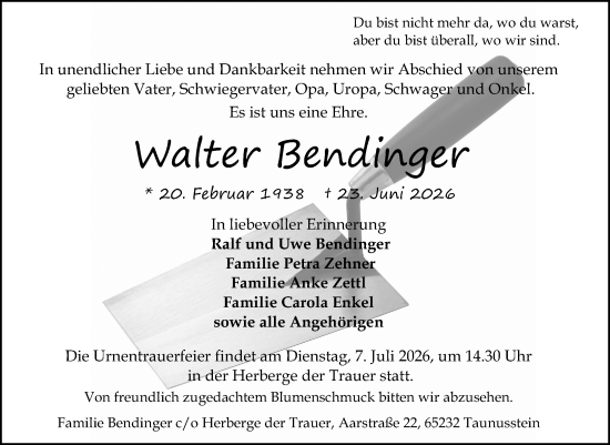 Traueranzeige von Walter Bendinger von Idsteiner Land/Untertaunus