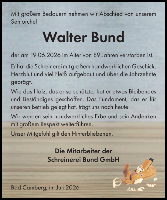 Traueranzeige von Walter Bund von Camberger Anzeiger
