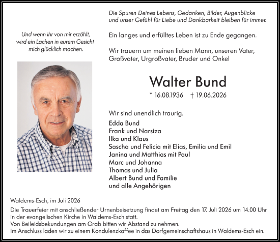 Traueranzeige von Walter Bund von Camberger Anzeiger