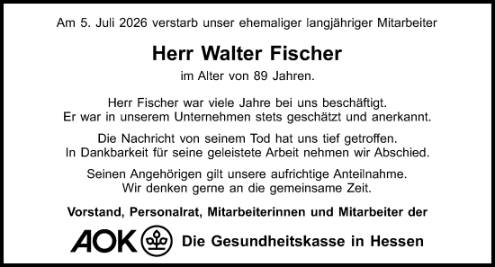 Traueranzeige von Walter Fischer von Wiesbadener Kurier