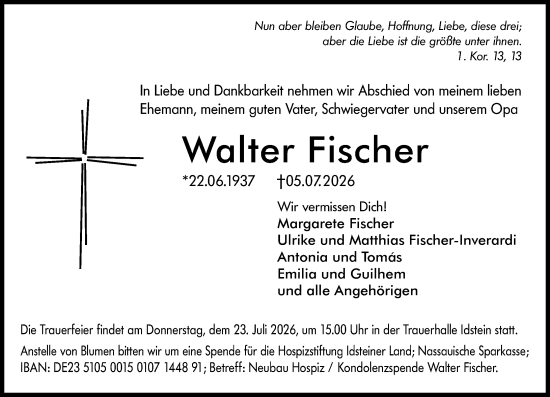 Traueranzeige von Walter Fischer von Idsteiner Land/Untertaunus