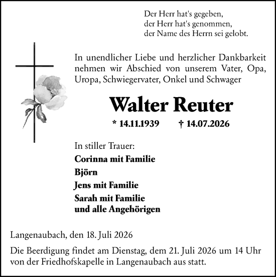 Traueranzeige von Walter Reuter von Dill Block
