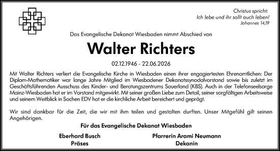 Traueranzeige von Walter Richters von Wiesbadener Kurier
