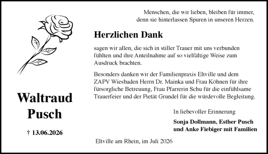 Traueranzeige von Waltraud Pusch von Wiesbadener Kurier