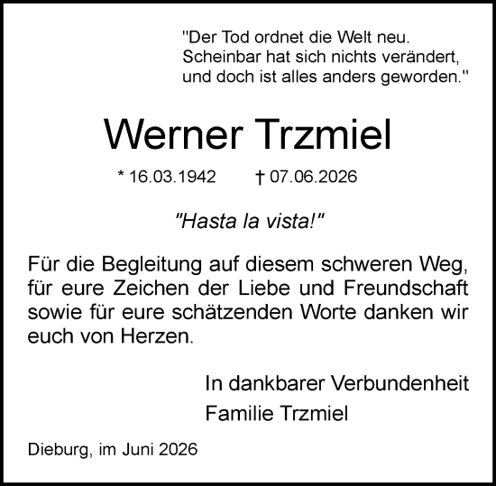 Traueranzeige von Werner Trzmiel von Dieburger Anzeiger/Groß-Zimmerner Lokal-Anzeiger
