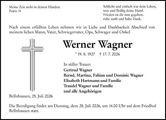Traueranzeige von Werner Wagner von Hinterländer Anzeiger