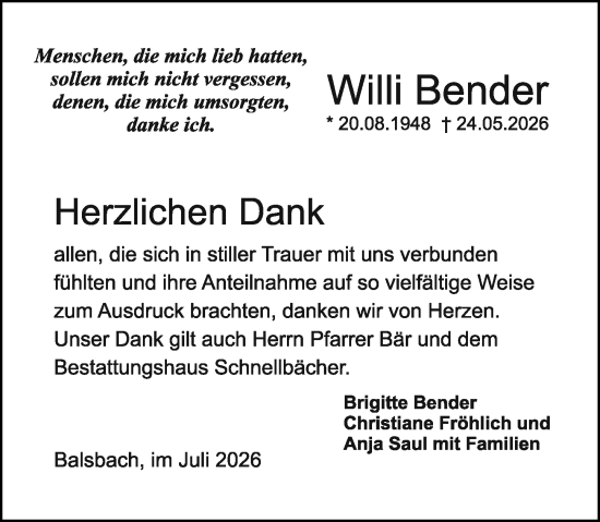 Traueranzeige von Wilhelm Bender von Odenwälder Echo