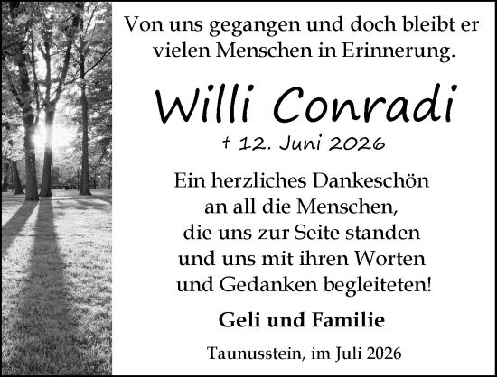 Traueranzeige von Willi Conradi von Rheingau-Taunus-Kreis Wochenblatt