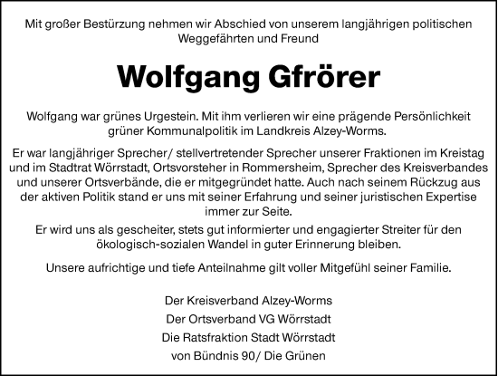 Traueranzeige von Wolfgang Gfrörer von Allgemeine Zeitung Alzey
