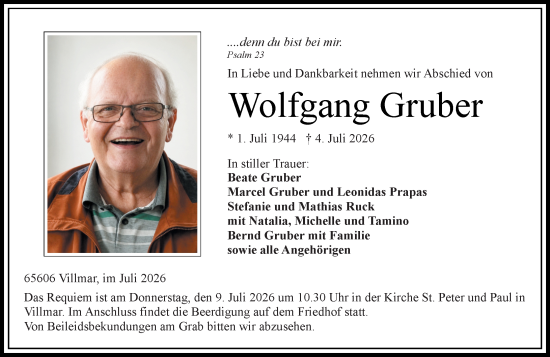 Traueranzeige von Wolfgang Gruber von Nassauische Neue Presse