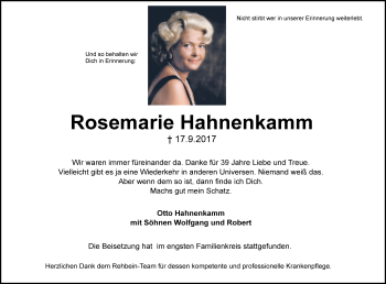 Traueranzeige von Rosemarie Hahnenkamm 