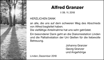 Traueranzeige von Alfred Granzer von 560 Gießener Anzeiger