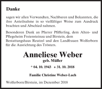 Traueranzeige von Anneliese Weber von 561 Kreisanzeiger