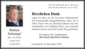 Traueranzeige von Bettina Schrimpf von VRM Trauer