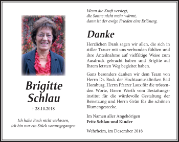 Traueranzeige von Brigitte Schlau von 564 Usinger Anzeiger