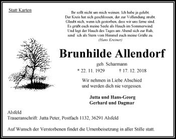 Traueranzeige von Brunhilde Allendorf von VRM Trauer