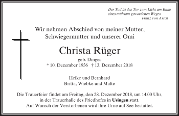 Traueranzeige von Christa Rüger von 564 Usinger Anzeiger