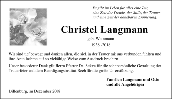 Traueranzeige von Christel Langmann von 202 Dill Block (120)