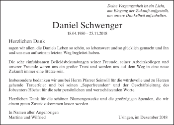 Traueranzeige von Daniel Schwenger von 564 Usinger Anzeiger