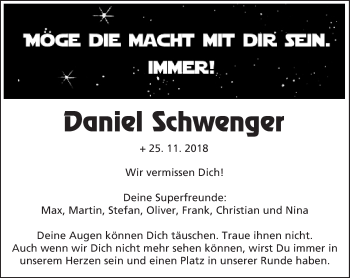 Traueranzeige von Daniel Schwenger von 564 Usinger Anzeiger