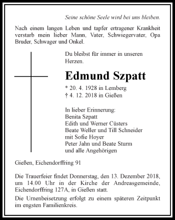 Traueranzeige von Edmund Szpatt von 560 Gießener Anzeiger