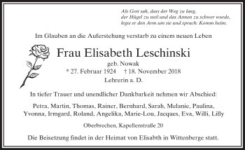 Traueranzeige von Elisabeth Leschinski von 582 Camberger Anzeiger