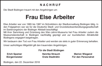Traueranzeige von Else Arbeiter von 561 Kreisanzeiger