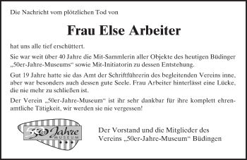 Traueranzeige von Else Arbeiter von 561 Kreisanzeiger