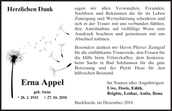 Traueranzeige von Erna Appel von 561 Kreisanzeiger