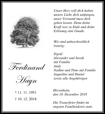 Traueranzeige von Ferdinand Hayn von 202 Dill Block (120)
