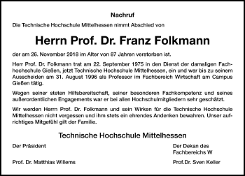 Traueranzeige von Franz Folkmann von 560 Gießener Anzeiger