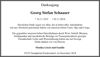 Traueranzeige von Georg Stefan Schaaser von 205 HA - Hinterländer Anzeiger (130)