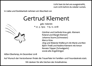 Traueranzeige von Gertrud Klement von 201 WNZ - Wetzlarer Neue Zeitung (110)