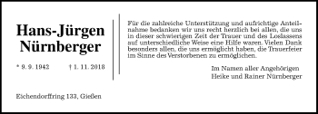 Traueranzeige von Hans-Jürgen Nürnberger von 560 Gießener Anzeiger