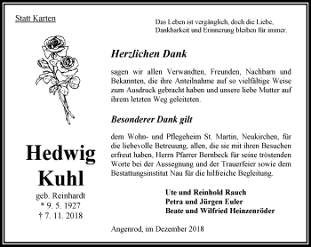 Traueranzeige von Hedwig Kuhl von VRM Trauer