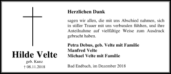 Traueranzeige von Hilde Velte von 205 HA - Hinterländer Anzeiger (130)