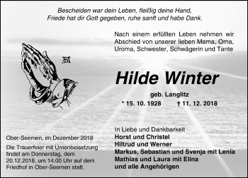 Traueranzeige von Hilde Winter von 561 Kreisanzeiger