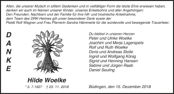 Traueranzeige von Hilde Woelke von 561 Kreisanzeiger