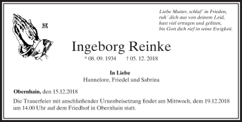 Traueranzeige von Ingeborg Reinke von 564 Usinger Anzeiger