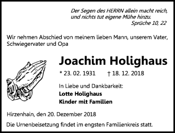 Traueranzeige von Joachim Holighaus von 202 Dill Block (120)