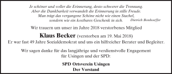 Traueranzeige von Klaus Becker von 564 Usinger Anzeiger