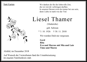 Traueranzeige von Liesel Thamer von VRM Trauer